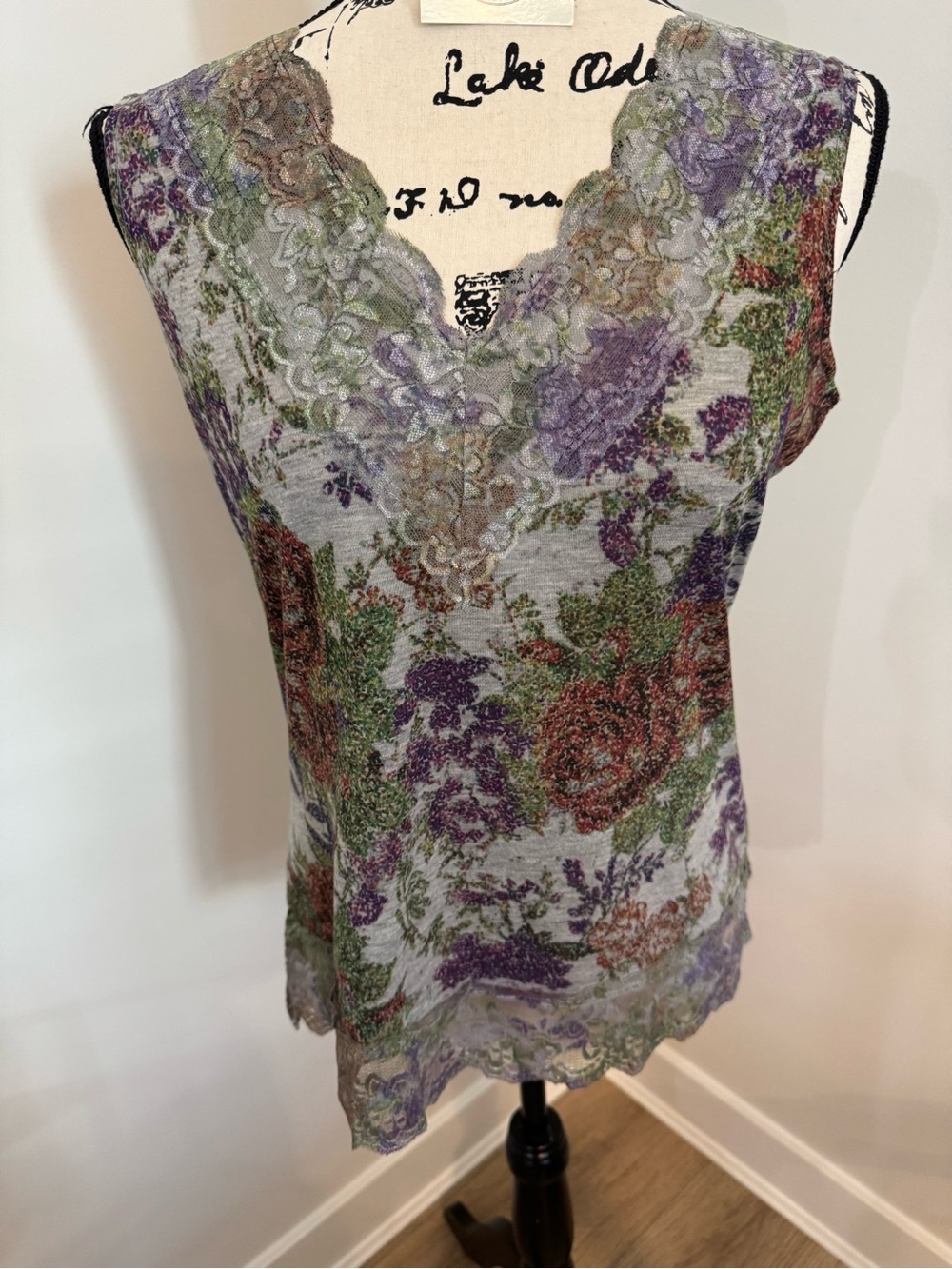 Coldwater Creek Womens Tank Top Green Purple Floral w/ Lace Trim Size Small